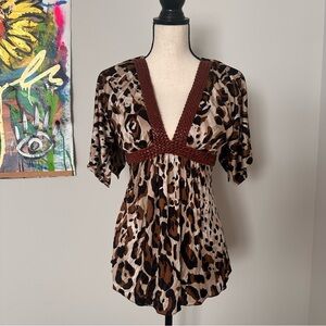 Sky Leopard Print V-Neck Tunic with Brown Braided Trim